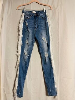 AP Blue Aphrodite Jeans Women’s Size 5 Distressed Fringe Tassel Skinny Jeans Y2K